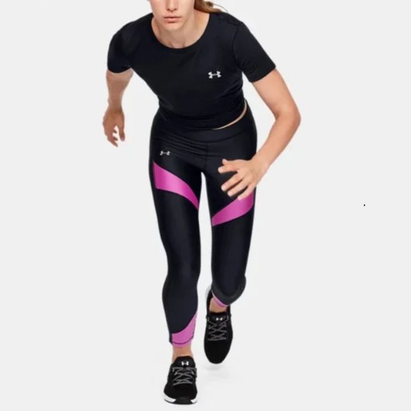 Under Armour Women's Heatgear Black/Optic Purple Color Block Ankle Crop Leggings - Picture 4 of 7